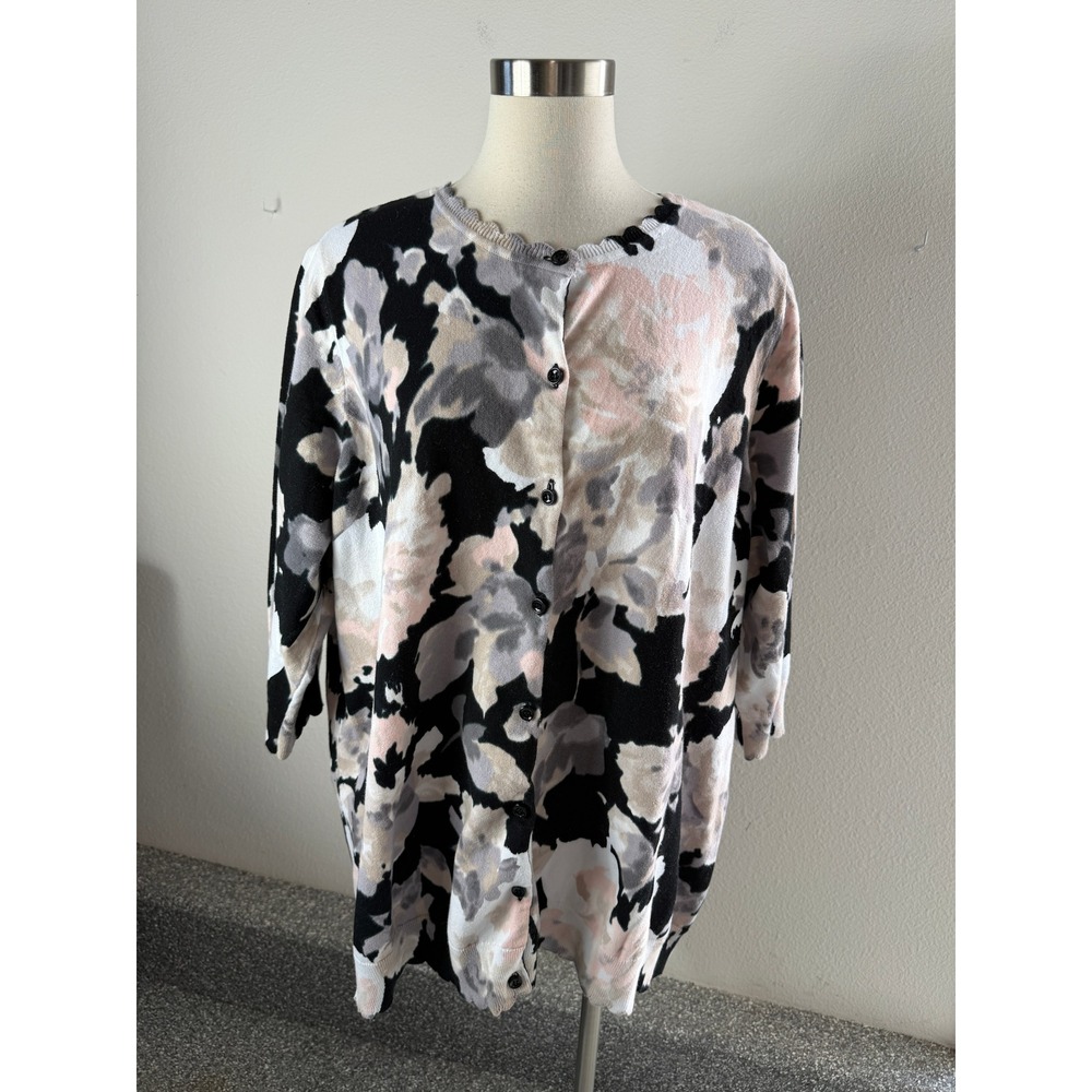Isaac Mizrahi Live Womens Plus 3X Gray Pink Floral Button Front Cardigan Sweater